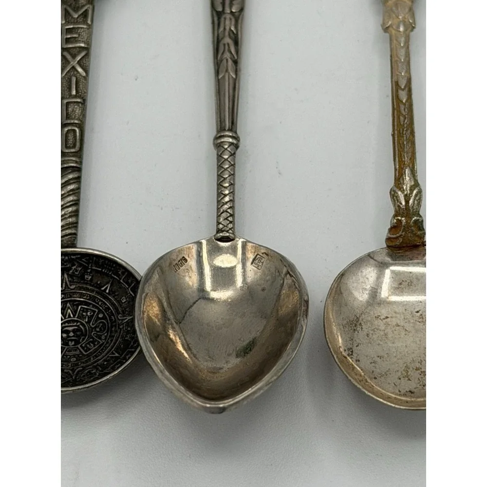 Vintage Souvenir Spoon Lot Mexico Tahiti Alaska Aztec Calendar Jade Handle 4pc